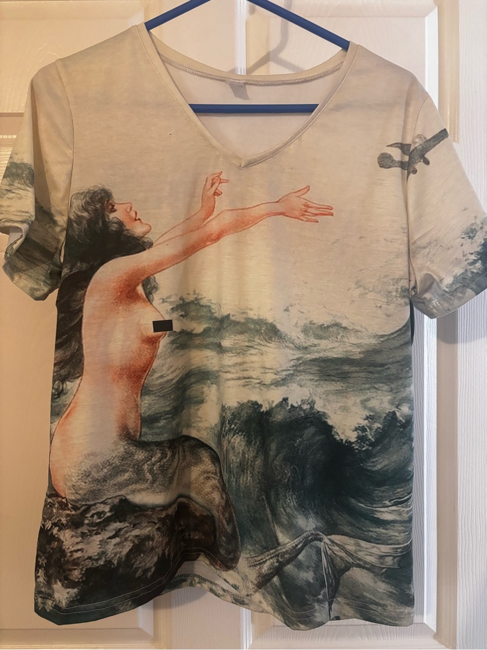 Women’s V-Neck Graphic Top in Cream and Teal Mermaid